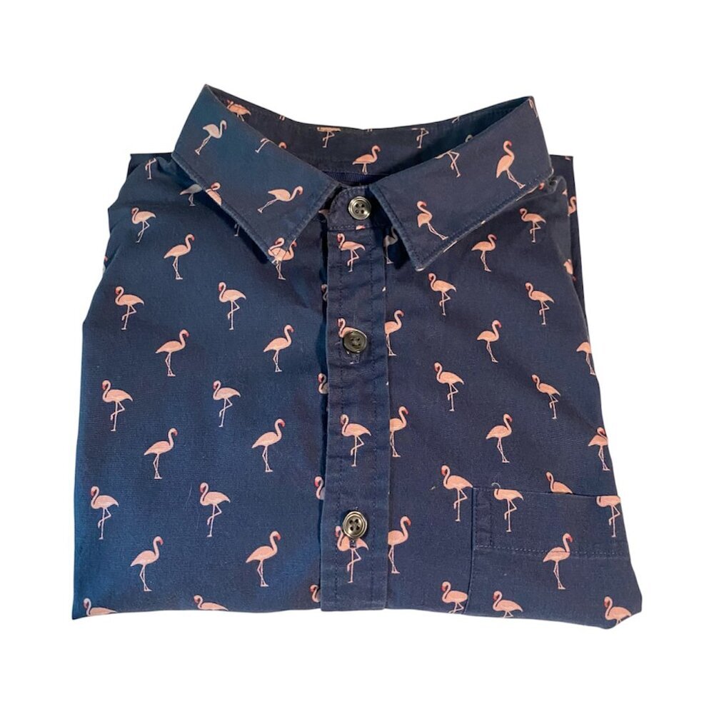 Apt 9 Men’s Small Shirt Slim Fit Premier Flex Short Sleeve Navy with Flamingos - Picture 3 of 11